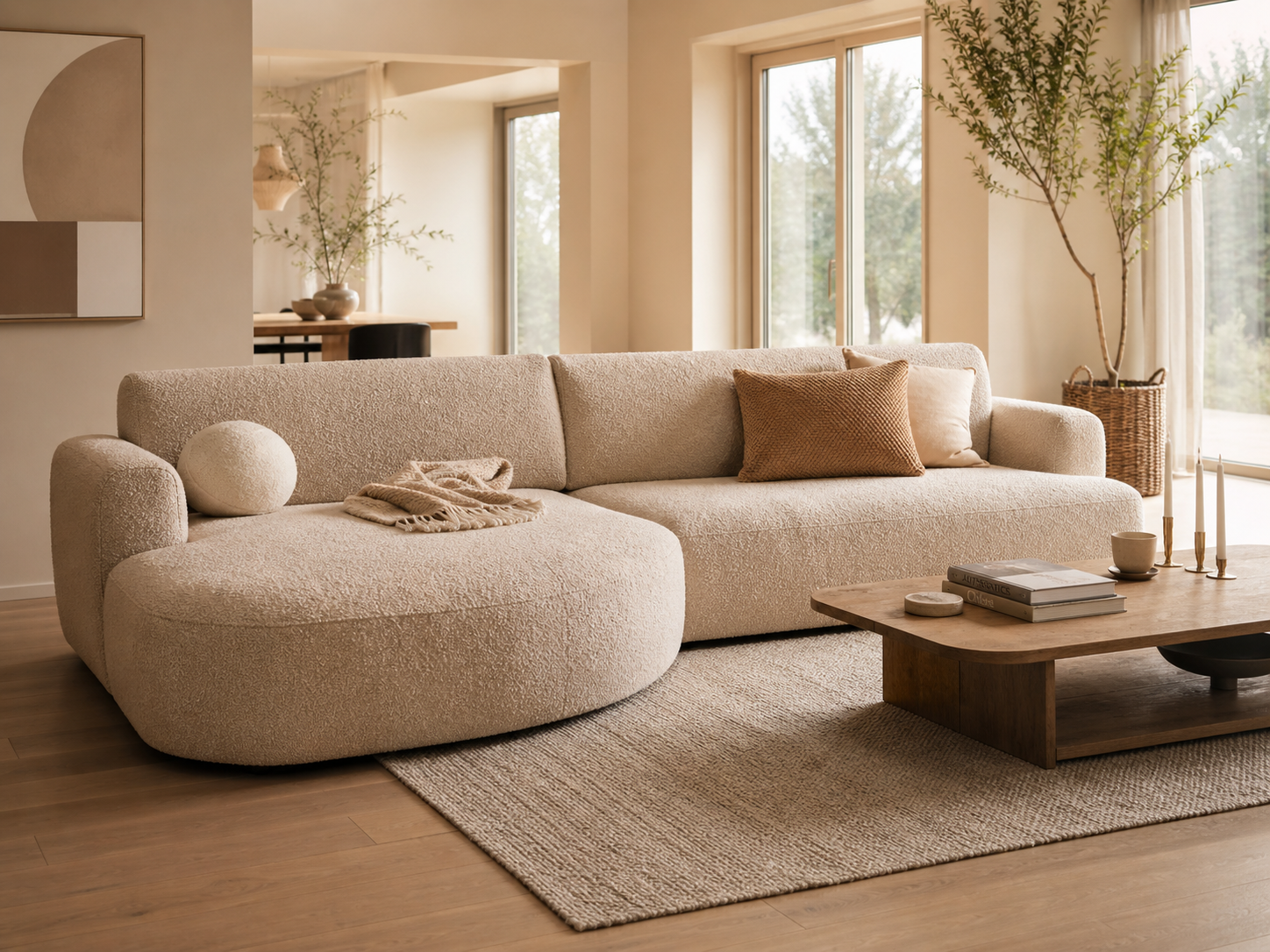 Modernes Wohnzimmer mit cremefarbenem Bouclé-Sofa